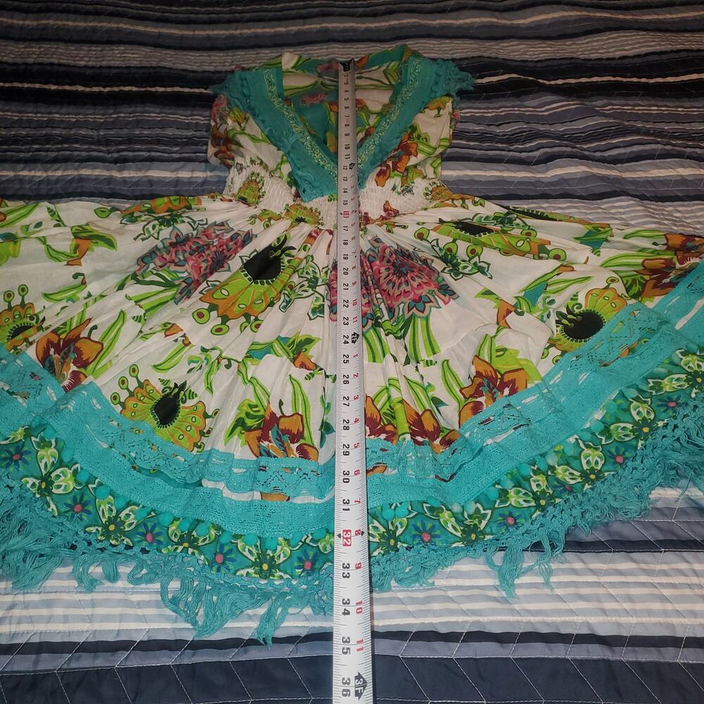 Antica Sartoria Dress 2024 One Size Cotton Boho Positano Aqua Fringe Mini Resort - Picture 12 of 12